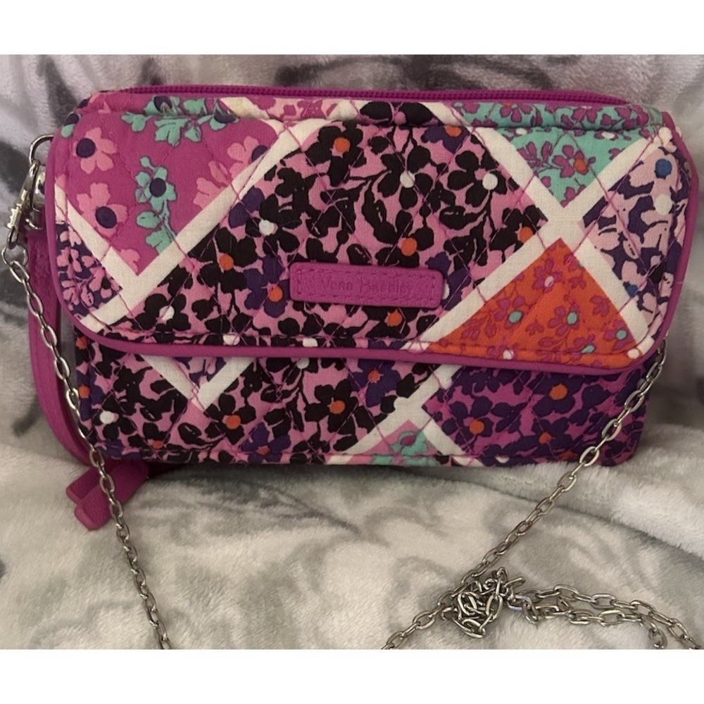 Vera Bradley Crossbody RFID Long Wallet Wristlet Silver Chain Strap Pink Floral